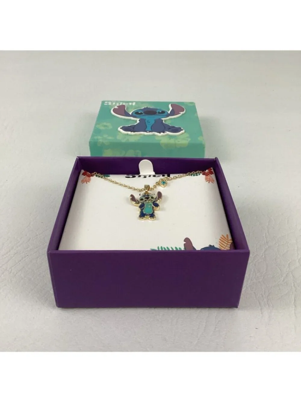 Disney Lilo & Stitch Gold Flash Plated Enamel Pendant Necklace Blue Crystal NIB - Picture 3 of 6